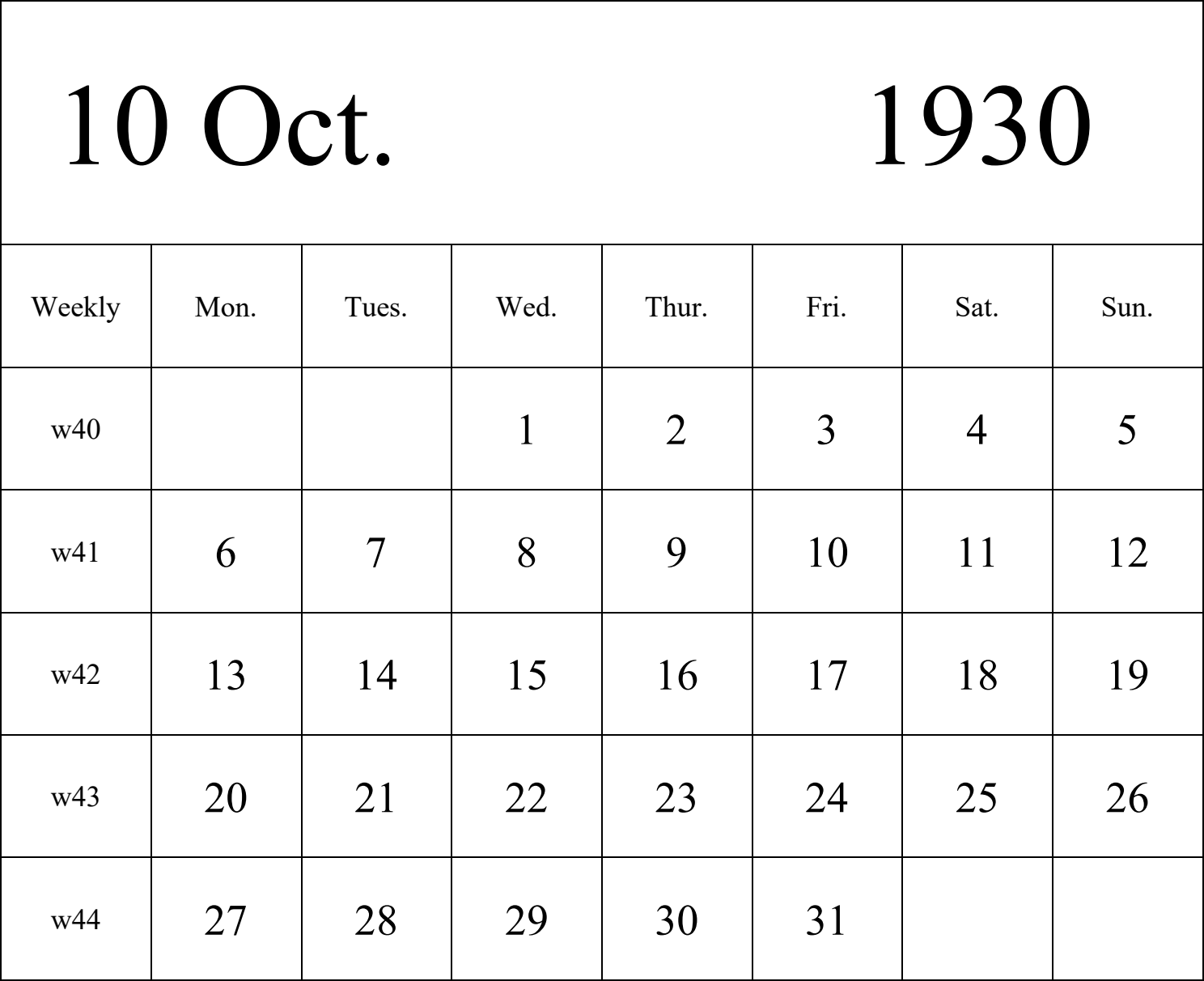 日历表1930年日历 英文版 纵向排版 周一开始 带周数